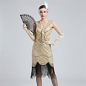 tanie stroje-Zabytkowe Ryczące 20s 1920 roku Do kolan Sukienka w stylu lat 20-tych Rękawiczki Nakrycie głowy Bez rękawów Wielki Gatsby Czarleston Cekiny Frędzel Strój na bal maskowy Damskie Halloween Karnawał