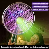 abordables Contrôle des Insectes Intérieur-Tapette à mouches électrique 2 en 1 &amp;Raquette anti-insectes, tueur de moustiques automatique avec laser de chasse &amp;Lampe UV, poignée extensible, tête pliable à 90° pour fixation murale, rechargeable