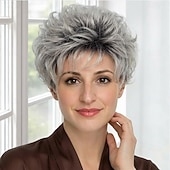 baratos peruca mais velha-Peruca sintética curta e elegante estilo pixie para mulheres - loiro claro com mechas sutis e volume texturizado.