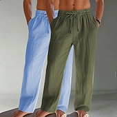 baratos Clássico-Homens Calças de linho Calças Calça verão Calças largas Calças de praia Com Cordão Bolsos Cintura elástica Tecido Conforto Respirável Comprimento total Diário Praia Férias Férias Havaiana Branco