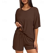 cheap Women's Blouse Suits-Women's Two Piece Sets Shorts Sets Short Sleeve Round Neck Plain Fashion Streetwear Casual Daily Outdoor Black Brown Summer Regular Fit