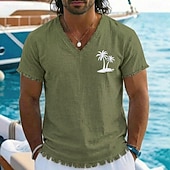 abordables Translation-T-shirt homme style bohème côtier vintage, imprimé palmiers tropicaux, en coton et lin, col V, ourlet brut effiloché, coupe ample, idéal pour la plage, les vacances en bateau. Tailles S, M, L, XL,
