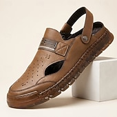 billiga Avslappnade sandaler-Men's Brown Faux Leather Adjustable Strap Mules Summer Casual Slip-On Shoes for Outdoor, Vacation and Daily Wear