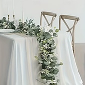 baratos Plantas e Folhagens Artificiais-Conjunto de 2/4 guirlandas de eucalipto, com comprimento total de 141,73 polegadas (360 cm), adornadas com flores brancas, folhas prateadas e folhagens realistas, ideais para decoração de casamentos e