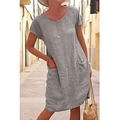 cheap Dresses-Women's Mini Dress Linen-feel Dresses Casual Dress T Shirt Dress Tee Dress Fashion Modern Daily Vacation Going out Loose Fit Plain Short Sleeve Crew Neck Black Khaki Gray Light Blue Summer Spring Fall