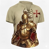  Men's Crusaders Golden Knight Armor Red Templar Cross Medieval Fantasy Gothic Lace Up T Shirt All Over Print Henley V Neck Short Sleeve Casual Streetwear Designer Clothing Apparel