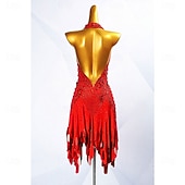cheap Competition Dress-Women's Red Rhinestone Latin Dance Dress Halter Deep V Ballroom Competition Dress