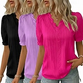 ieftine tricou simplu-pachete multiple 3 buc bluză texturată pentru femei tricou top dantelă patchwork simplu modă elegant clasic mânecă scurtă decolteu în V topuri obișnuite casual zilnic plajă alb+fucsia+galben