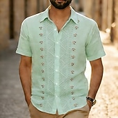 voordelige Etnisch patroon-Voor heren Geometrisch Etnisch Bloemen Overhemd Guayabera-shirt Overhemd met knopen Korte mouw Vintage Retro Dagelijks Buiten Vakantie Zomer Lente Strijkijzer 3D-afdrukken Linnenachtig shirt blauw