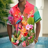 voordelige Tropische planten-Men's Parrot Tropical Plants Flowers Summer Hawaiian Shirt Button Up Shirt Aloha Shirt Short Sleeve Hawaiian Vacation Summer Spring Turndown 3D Print Collared Shirts Front One Pocket Blue Pink Red