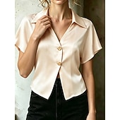 ieftine tricou simplu-Pentru femei Cămașă din satin Bluză Nasturi Culoare solidă Stilat Casual Manșon scurt Guler Cămașă Crop Tops Casual Zilnic În aer liber Albastru piscină Negru Alb Caisă Vară Primăvară