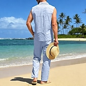 cheap Cotton Linen Shirt-Male Linen Shirt 2 Piece Shirt Set And Linen Pants Trousers Casual Pants Set Plain Daily Outdoor Vacation Turndown Sleeveless Summer Fashion Casual Comfortable Clothing Apparel