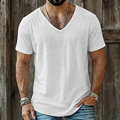 baratos Camisetas de Algodão e Linho-Homens T-shirt Camiseta de linho Manga Curta Decote V Verão Tecido Moda Designer Básico Macia Casual Férias Rua Azul Céu Preto Branco Top Tee para Homens