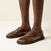 abordables Sandales décontractées-Sandales à brides croisées pour homme, en similicuir marron foncé, confortables et idéales pour l'été et le quotidien.