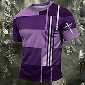  Camiseta cristiana para hombre con cruz de fe, estampado gráfico morado, bloques de color geométricos, cuello redondo, manga corta, regalo espiritual cristiano para él, ropa de diseño.