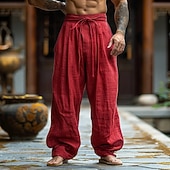 preiswerte Retro-Herren Hose aus Baumwollleinen Hose Sommerhose Baggy-Hosen Strandhose Kordelzug Elastischer Bund Einfarbig Einfach Komfort Atmungsaktiv Täglich Outdoor Strand Urlaub Mode Rote Unelastisch
