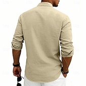 baratos Clássico-Homens Camisa Social Camisa de linho camisa de verão camisa de praia Tecido Casual Férias Preto Branco Rosa Azul Marinha Manga Longa Faixa Verão Primavera Roupa Bolsos