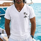 abordables Translation-T-shirt homme style bohème côtier vintage, imprimé palmiers tropicaux, en coton et lin, col V, ourlet brut effiloché, coupe ample, idéal pour la plage, les vacances en bateau. Tailles S, M, L, XL,