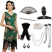 voordelige Outfits-Roaring jaren '20 Jaren 1920 Retro vintage Tot de knie Flapper jurk Handschoenen Ketting Mouwloos The Great Gatsby Charleston Pailletten V-hals Kostuum Dames Halloween Carnaval Feesten &amp; Uitgaan