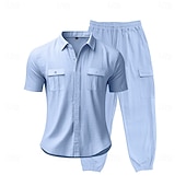 cheap Cotton Linen Shirt-Men's Linen Shirt 2 Piece Shirt Set And Cargo Pants Linen Pants Trousers Set Plain Casual Daily Outdoor Turndown Short Sleeves Summer Fashion Casual Comfortable Clothing Apparel