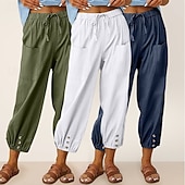 baratos Partes inferiores-Conjunto com 3 calças capri femininas de algodão, ideais para o verão, casuais, básicas, cintura alta, lisas, com bolsos, cintura elástica, confortáveis, respiráveis, sem elasticidade, para uso diário, em casa e nas férias, nas cores azul, azul marinho e