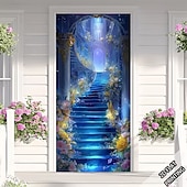 cheap Garage &amp; Door Banners-Fantasy Enchanted Forest Glowing Mushroom Door Banner Magic Fairytale Waterfall Nature Scenery Door Cover 3D Mystical Jungle Fireflies Wall Tapestry For Kids Room Bedroom Decor