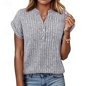 economico T-shirt semplice-Per donna Maglietta Bottoni Tinta unica Moda Classico Casual Manica Corta Scollo a V Top Regolari Quotidiano Uscire Weekend Blu Nero Verde militare Grigio Estate Primavera