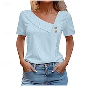billiga Enkel t-shirt-Dam Texturblus Ögonlock Pointelle-tröja T-shirt Ensfärgat Mode Klassisk Ledigt Kortärmad V-hals Vanliga toppar Ledigt Dagligen Strand Blå Vit Gul Ljusgrön Himmelsblå Sommar Vår