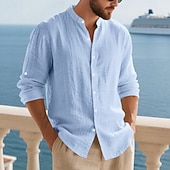abordables Chemises lin et coton-Homme Chemise en lin Deux pièces Ensemble Chemise Et Pantalons en Lin Pantalons Pantalon décontracté Set Uni Quotidien Extérieur Vacances Col grand-père manche longue Été Printemps Mode Occasionnel