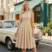 cheap Dresses-1950s Retro Vintage Midi Dress Swing Dress Flare Dress Sleeveless Striped Fit &amp; Flare Swing Round Neck Fancy Dress Women's Carnival Casual Party Dailywear Adults' Dress Spring &amp; Summer