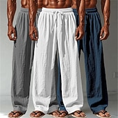 billige Klassisk-Herre Linbukser Bukser Sommerbukser Posete bukser Strandbukser Snorer Elastisk midje Rett ben عادي Komfort Pustende Full lengde Avslappet Daglig utendørs Ferie Mote Hvit + Svart + Grå Svart+blå+grønn