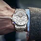 economico Orologi meccanici-Orologio automatico da uomo Olevs Skeleton, lussuoso orologio da polso da lavoro bicolore in acciaio inossidabile con calendario multifunzione, orologio meccanico analogico luminescente impermeabile,