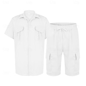 お買い得  メンズベーシックシャツセット-男性用 スタイル ２個 シャツセット そして ショーツ ビーチショーツ 設定 平織り カジュアル 日常 アウトドア 折襟 半袖 夏 ファッション カジュアル 快適 衣類