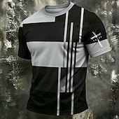  Camiseta cristiana para hombre con cruz de fe, estampado gráfico morado, bloques de color geométricos, cuello redondo, manga corta, regalo espiritual cristiano para él, ropa de diseño.
