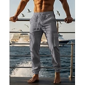 preiswerte Urlaub-Herren Cargo-Hosen Leinenhosen Hose Sommerhose Strandhose Kordelzug Elastischer Bund Mehrere Taschen Einfach Komfort Atmungsaktiv Täglich Outdoor Strand Urlaub Mode Schwarz Weiß Unelastisch