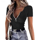 abordables Plain tee-Women's T Shirt Zipper Solid Color Graphic Plain Casual Short Sleeve V Neck Regular Tops Daily Going out Weekend Black Wine Red Gray Summer Spring