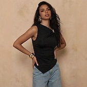 cheap Plain Tops-Women's Elegant Graphic Plain Elegant Sleeveless Asymmetrical Regular Tops Casual Daily Weekend Black Spring