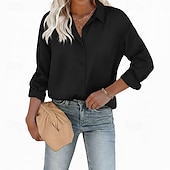 Dames Overhemd Elegant satijnen top Blouse Knop Effen Elegant Stijlvol Lange mouw Overhemdkraag Normale tops Dagelijks Feestdagen Uitgaan blauw Zwart Wit Geel Lichtgroen Zomer Lente Herfst