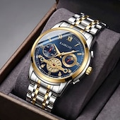 abordables Montres à quartz-Montre homme à cadran bleu, montre-bracelet de luxe à phases de lune, montre analogique bicolore en acier inoxydable avec volant squelette &amp;Coffret cadeau, cadeau élégant et étanche pour homme, argent
