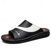 baratos Sandálias e Chinelos para Homem-Sandálias masculinas bicolor pretas e brancas, modelo slide, com bico aberto, costuradas à mão, confortáveis e casuais para o verão, ideais para uso diário, férias, em casa e momentos de lazer ao ar livre.