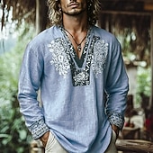 cheap Vacation-Men's Popover Shirt Summer Shirt Beach Wear Vintage Shirt Ethnic Shirt Floral Vacation Holiday Yellow Blue Orange Brown Long Sleeve V Neck Summer Spring Clothing Apparel