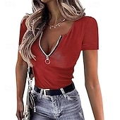 abordables Plain tee-Women's T Shirt Zipper Solid Color Graphic Plain Casual Short Sleeve V Neck Regular Tops Daily Going out Weekend Black Wine Red Gray Summer Spring