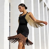 cheap Practice Dresses-Women's Latin Dance Dress - Gold Shoulder Fringe &amp; Brown Tassel Hem Performance Competition Outfit