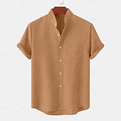 abordables Clásico-Hombre Camisa de lino Camisa casual Camisa con cuello mao Plano Playa Vacaciones Negro Blanco Amarillo Rosa Manga Corta Henley Primavera verano Ropa Bolsillo delantero