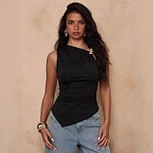 cheap Plain Tops-Women's Elegant Graphic Plain Elegant Sleeveless Asymmetrical Regular Tops Casual Daily Weekend Black Spring