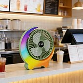 cheap Настольные вентиляторы-Moon Shaped Desk Fan with Rainbow RGB LED Light, 3-Speed Quiet Personal USB Table Fan for Office Bedroom Nightstand, Rechargeable Battery Operated Small Fan for Kids Dorm, Colorful Cooling Gift