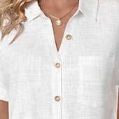 economico Bluse Semplici-Camicia da donna in 100% cotone camicie di lino camicia da spiaggia camicia con bottoni patchwork taschino di colore solidale semplice vacanza moda casual a maniche corte colletto ribaltabile top