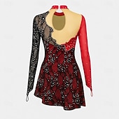 cheap Figure Skating Dresses-Figure Skating Dress Women's Girls' Ice Skating Dress Black+Red Thumbhole Asymmetric Hem Mesh Spandex Lace Stretchy Training Practice Professional Skating Wear Thermal Warm Classic Crystal