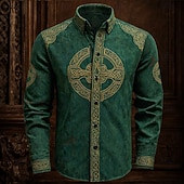 זול חולצה ליום פטריק הקדוש-חולצת צלב קלטית של סנט פטריק לגברים Button Up Long Sleeve Vintage Retro Party Holiday Spring Fall Turndown עם חולצת בד דומה ללינן ירוק 1 ירוק