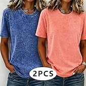  Confezioni multiple 2 pezzi Per donna Girocollo Manica Corta Viola + Blu Maglietta Set di magliette Camicia 100% cotone lavaggio acido Lavato Casuale Spiaggia Cotone